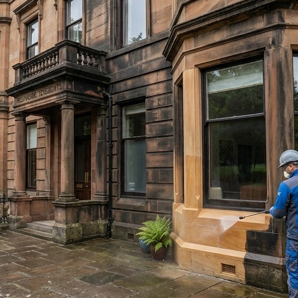 softwashing in Glasgow on sandstone building in the west end
